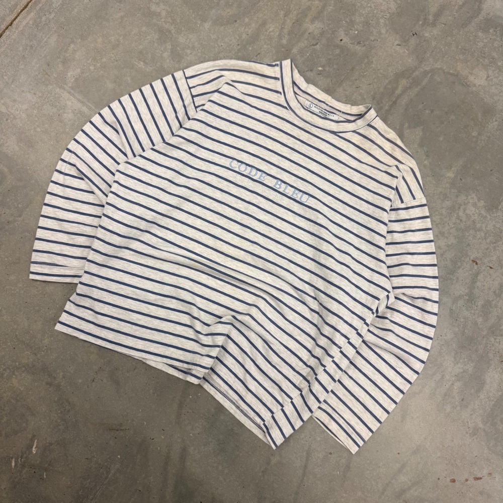 90s Mens Code Bleu Striped Long Sleeve Embroidered Logo T-Shirt L